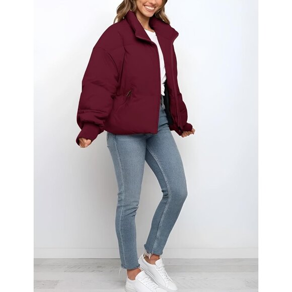 Women's Puffer Jacket Coats Short Warm Quilted Jackets with Pockets Burgundy - Picture 5 of 7